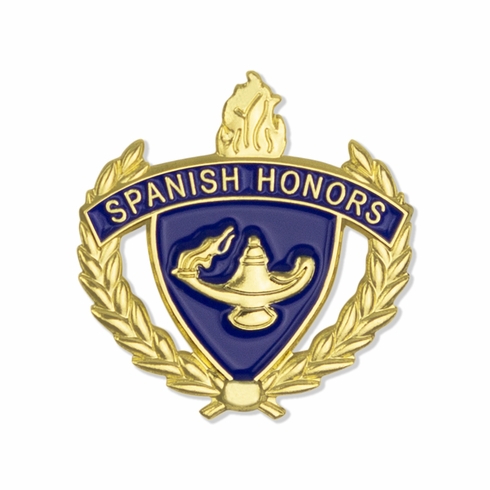1 INCH GOLD "SPANISH HONORS" WITH LAMP OF LEARNING AND WREATHS ENAMELED LAPEL PIN
