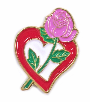 1 INCH HEIGHT RED HEART WITH PINK ROSE LAPEL PIN