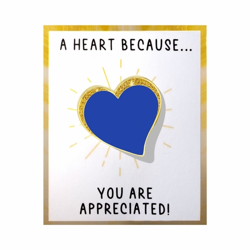 1 INCH MODERN SPARKLED BLUE ENAMELED HEART WITH GOLD BORDER LAPEL PIN