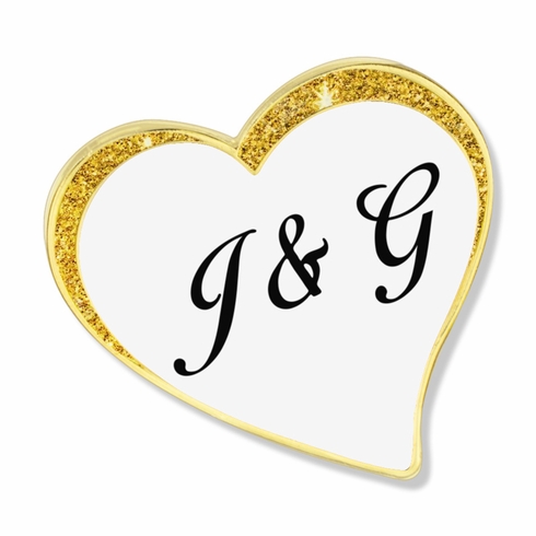 1 INCH MODERN SPARKLED WHITE ENAMELED HEART WITH GOLD BORDER LAPEL PIN