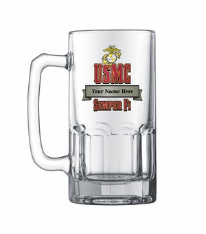 1 LITER U.S. MARINE CORPS. GLASS STEIN WITH BANNER FOR PERSONALIZATION NAME AND RANK