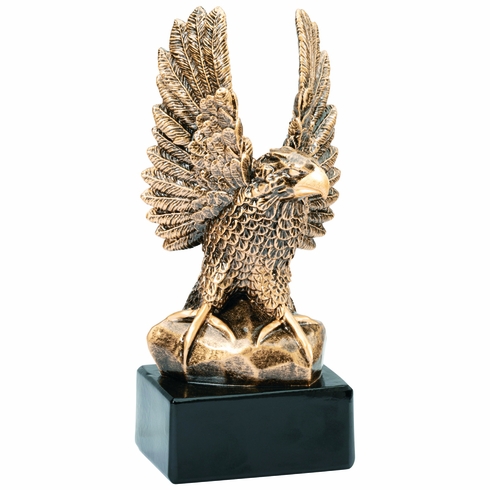 10-1/2 INCH ANTIQUE GOLD RESIN AMERICAN EAGLE TROPHY ON BLACK BASE
