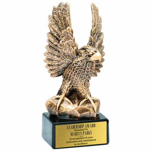 10-1/2 INCH ANTIQUE GOLD RESIN AMERICAN EAGLE TROPHY ON BLACK BASE