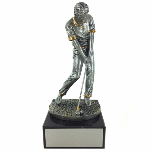 10-1/2 INCH ANTIQUE SILVER MALE GOLFER TROPHY ON BLACK MARBLE BASE