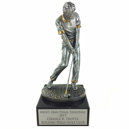 10-1/2 INCH ANTIQUE SILVER MALE GOLFER TROPHY ON BLACK MARBLE BASE