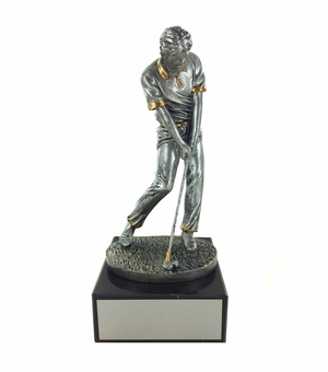 10-1/2 INCH ANTIQUE SILVER MALE GOLFER TROPHY ON BLACK MARBLE BASE