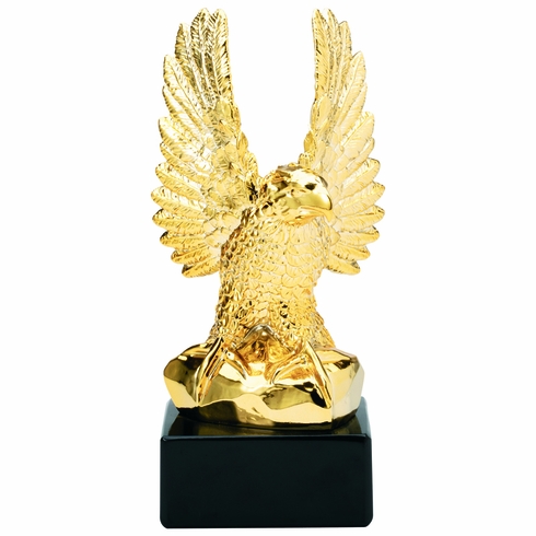 10-1/2 INCH BRIGHT GOLD RESIN AMERICAN EAGLE TROPHY ON BLACK BASE
