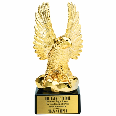 10-1/2 INCH BRIGHT GOLD RESIN AMERICAN EAGLE TROPHY ON BLACK BASE