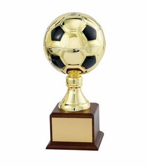 10-1/2 INCH GOLD SOCCER BALL TROPHY WITH 4-3/4 INCH DIAMETER BALL