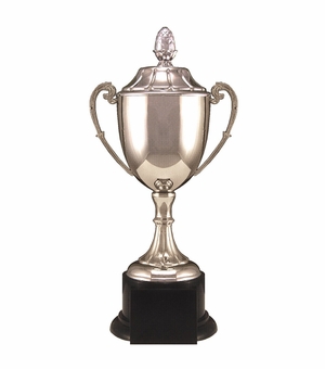 10-1/2 INCH NICKEL PLATED POLISHED SILVER TROPHY CUP ACORN TOP ON BLACK BASE