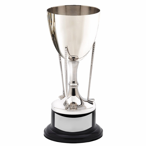 10-1/2 INCH NICKEL POLISHED GOLF CUP TROPHY 3 CLUBS ON BLACK BASE