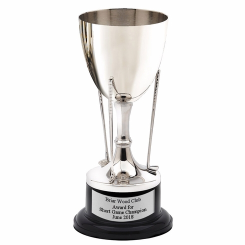 10-1/2 INCH NICKEL POLISHED GOLF CUP TROPHY 3 CLUBS ON BLACK BASE