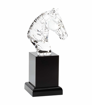 10-1/2 INCH OPTICAL CRYSTAL HORSE HEAD ON BLACK CRYSTAL BASE