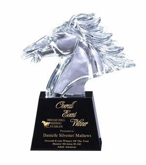 10-1/2 x 12-1/2 OPTICAL CRYSTAL HORSE HEAD ON BLACK CRYSTAL BASE
