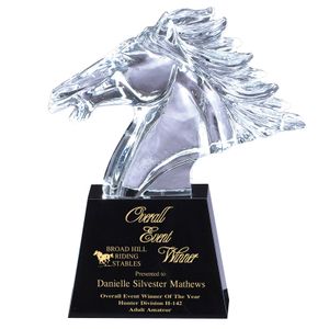 10-1/2 x 12-1/2 OPTICAL CRYSTAL HORSE HEAD ON BLACK CRYSTAL BASE