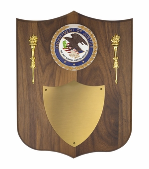 10-1/2 X 13-1/4 INCH DEPARTMENT OF JUSTICE WALNUT VENEER LARGE SHIELD PLAQUE