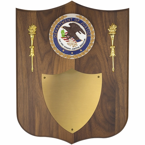 10-1/2 X 13-1/4 INCH DEPARTMENT OF JUSTICE WALNUT VENEER LARGE SHIELD PLAQUE