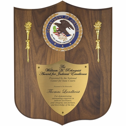 10-1/2 X 13-1/4 INCH DEPARTMENT OF JUSTICE WALNUT VENEER LARGE SHIELD PLAQUE