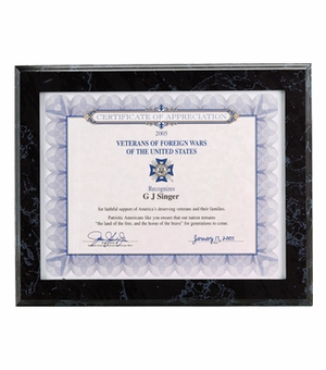 10-1/2 X 13 BLACK SIMULATED MARBLE PLAQUE HOLDS 8-1/2 X 11 INCH CERTIFICATE