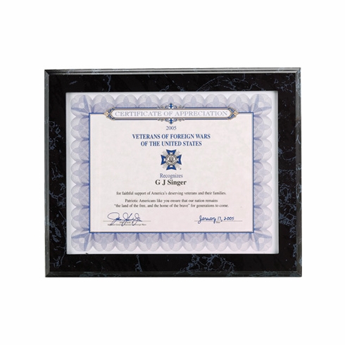 10-1/2 X 13 BLACK SIMULATED MARBLE PLAQUE HOLDS 8-1/2 X 11 INCH CERTIFICATE
