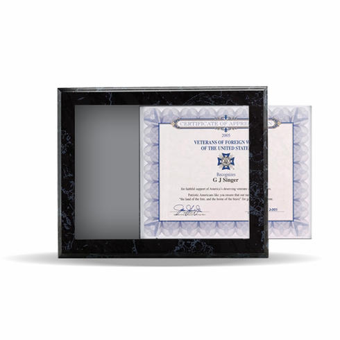 10-1/2 X 13 BLACK SIMULATED MARBLE PLAQUE HOLDS 8-1/2 X 11 INCH CERTIFICATE