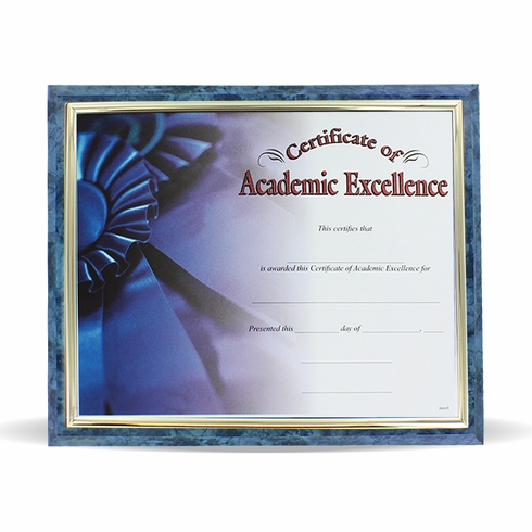 10-1/2 X 13 INCH BLUE PLAQUE HOLDS 8-1/2 X 11 CERTIFICATE, GOLD RAISED BORDER