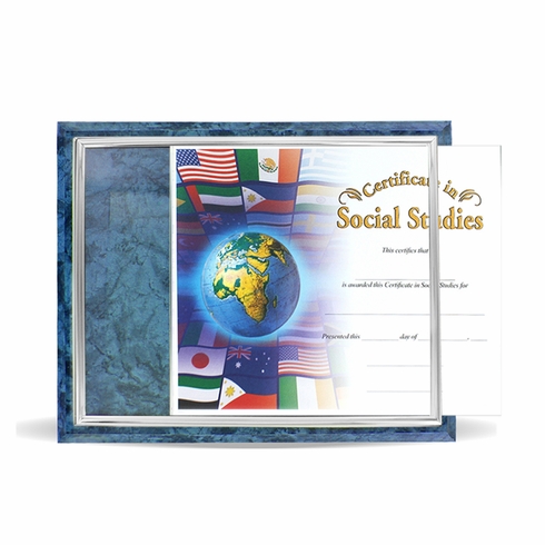 10-1/2 X 13 INCH BLUE PLAQUE HOLDS 8-1/2 X 11 CERTIFICATE, SILVER RAISED BORDER