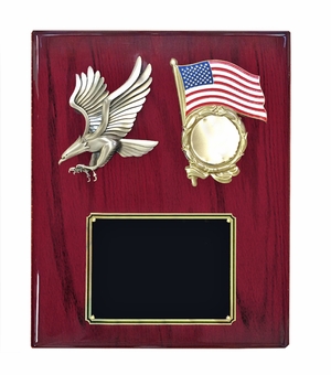 10-1/2 X 13 INCH EAGLE WITH AMERICAN FLAG PLAQUE ON PIANO FINISH CHERRY BOARD