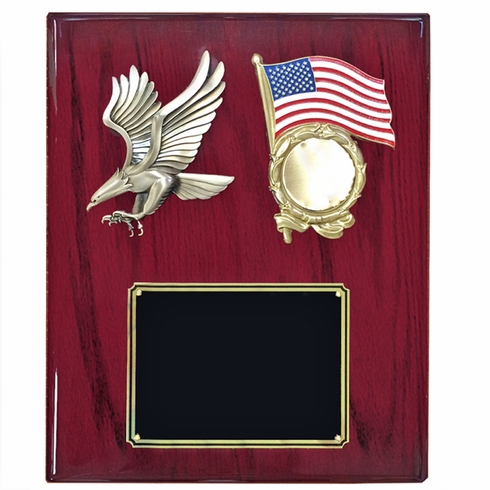10-1/2 X 13 INCH EAGLE WITH AMERICAN FLAG PLAQUE ON PIANO FINISH CHERRY BOARD