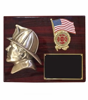 10-1/2 X 13 INCH FIREMAN'S HEAD WITH FLAG AND INSERT ON PIANO FINISHED PLAQUE