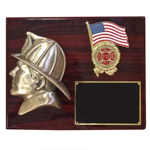 10-1/2 X 13 INCH FIREMAN'S HEAD WITH FLAG AND INSERT ON PIANO FINISHED PLAQUE