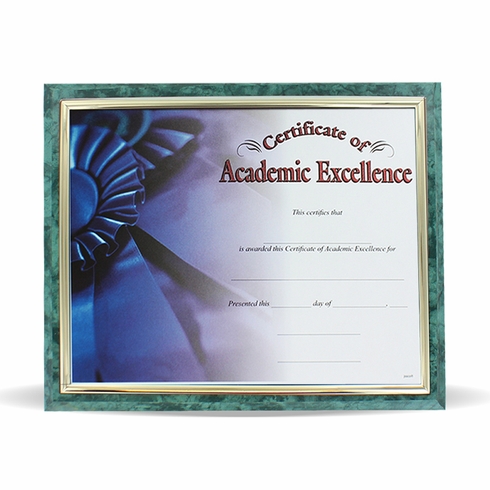 10-1/2 X 13 INCH GREEN PLAQUE HOLDS 8-1/2 X 11 CERTIFICATE, GOLD RAISED BORDER