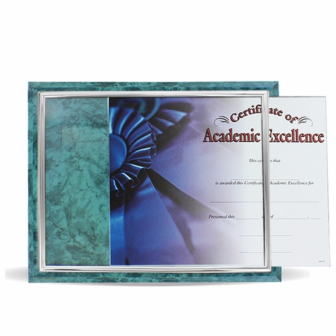 10-1/2 X 13 INCH GREEN PLAQUE HOLDS 8-1/2 X 11 CERTIFICATE, SILVER RAISED BORDER