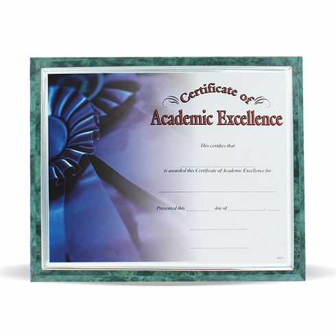 10-1/2 X 13 INCH GREEN PLAQUE HOLDS 8-1/2 X 11 CERTIFICATE, SILVER RAISED BORDER
