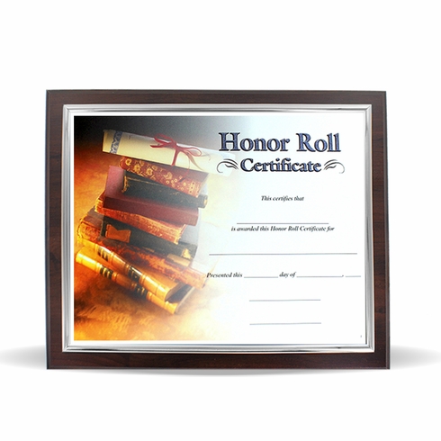 10-1/2 X 13 INCH WALNUT PLAQUE HOLDS 8-1/2 X 11 CERTIFICATE, SILVER RAISED BORDER