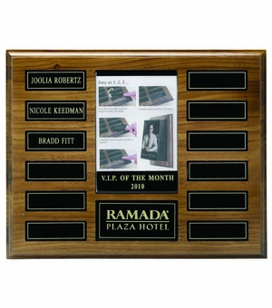 10-1/2 X 13 INCH  WALNUT VENEER MULTIPLE PLATE PLAQUE WITH 12 MAGNET PLATES, TAKES 4 X 6 INCH PHOTO INSERT