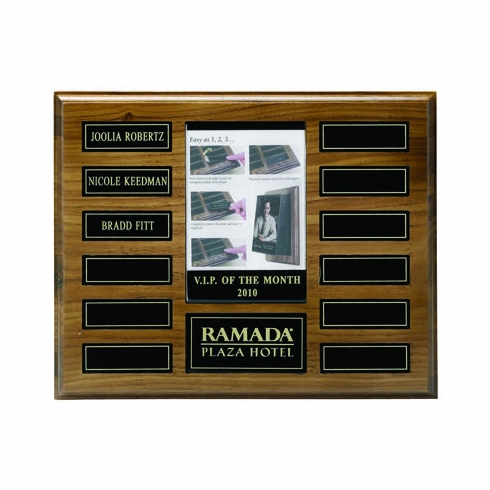 10-1/2 X 13 INCH  WALNUT VENEER MULTIPLE PLATE PLAQUE WITH 12 MAGNET PLATES, TAKES 4 X 6 INCH PHOTO INSERT