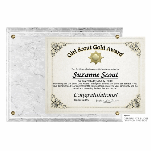 10-1/2 X 13 INCH WHITE MARBLEIZED PLAQUE HOLDS 8-1/2 X 11 INCH CERTIFICATE