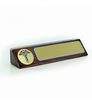 10-1/2" x 3" CADUCEUS GENUINE WALNUT DESK BLOCK WITH 2" ETCHED ENAMEL MEDALLION MATTE BLUE/GOLD NAME PLATE