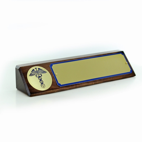 10-1/2" x 3" CADUCEUS GENUINE WALNUT DESK BLOCK WITH 2" ETCHED ENAMEL MEDALLION MATTE BLUE/GOLD NAME PLATE