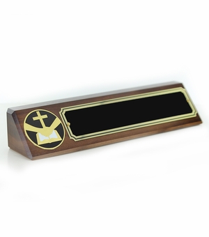 10-1/2" x 3" CLERGY GENUINE WALNUT DESK BLOCK WITH 2" ETCHED ENAMEL MEDALLION SCREENED BLACK NAME PLATE