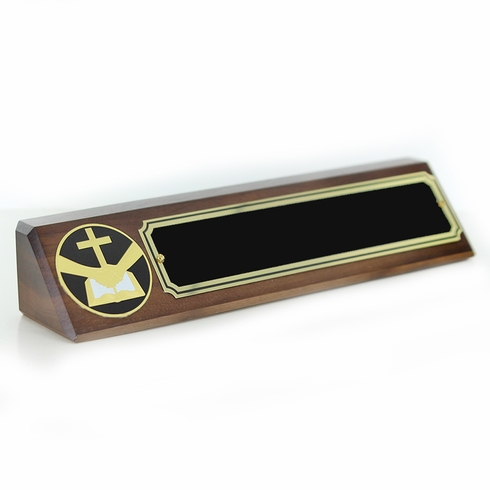 10-1/2" x 3" CLERGY GENUINE WALNUT DESK BLOCK WITH 2" ETCHED ENAMEL MEDALLION SCREENED BLACK NAME PLATE