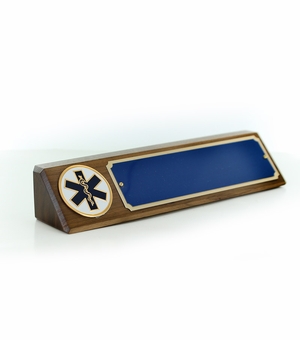 10 1/2" X 3" GENUINE WALNUT DESK BLOCK WITH 2" EMBOSSED PARAMEDIC MEDALLION BLUE GOLD ALUMINUM NAME PLATE