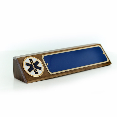 10 1/2" X 3" GENUINE WALNUT DESK BLOCK WITH 2" EMBOSSED PARAMEDIC MEDALLION BLUE GOLD ALUMINUM NAME PLATE