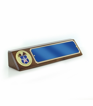 10 1/2" X 3" GENUINE WALNUT POLICE OFFICER DESK BLOCK WITH 2" EMBOSSED POLICE MEDALLION BLUE GOLD ALUMINUM NAME PLATE