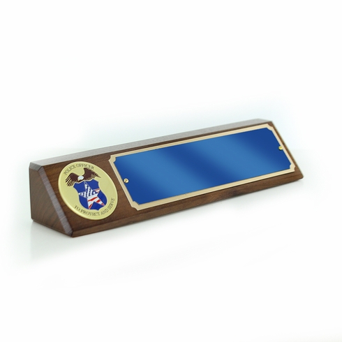 10 1/2" X 3" GENUINE WALNUT POLICE OFFICER DESK BLOCK WITH 2" EMBOSSED POLICE MEDALLION BLUE GOLD ALUMINUM NAME PLATE