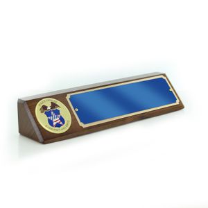 10 1/2" X 3" GENUINE WALNUT POLICE OFFICER DESK BLOCK WITH 2" EMBOSSED POLICE MEDALLION BLUE GOLD ALUMINUM NAME PLATE