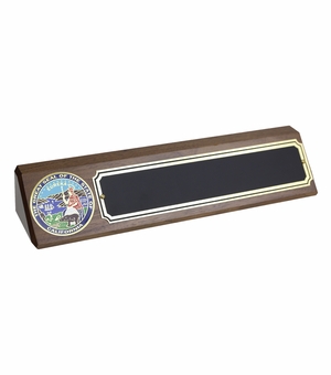 10-1/2 X 3 INCH GENUINE WALNUT DESK BLOCK WITH 2 INCH STATE OF CALIFORNIA MEDALLION INSERT