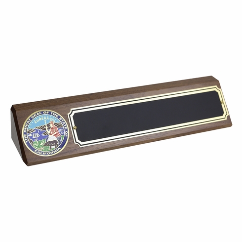 10-1/2 X 3 INCH GENUINE WALNUT DESK BLOCK WITH 2 INCH STATE OF CALIFORNIA MEDALLION INSERT