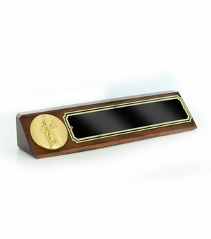10-1/2" x 3" JUDICIAL GENUINE WALNUT DESK BLOCK WITH 2" ETCHED ENAMEL MEDALLION SCREENED BLACK NAME PLATE